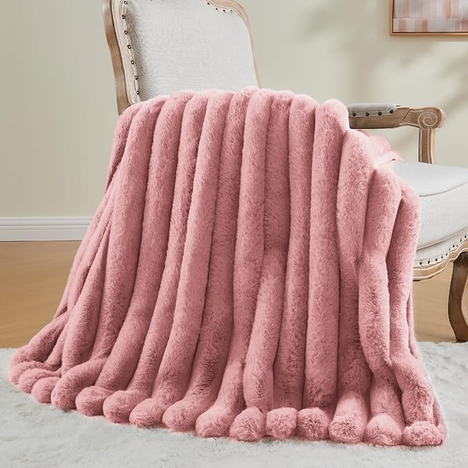 BEDELITE Faux Fur Throw Blanket for Couch, Soft and Cozy Luxurious 3D Striped Fluffy Blanket, 770GSM Thick Warm Plush Fuzzy Faux Rabbit Fur Blanket for Women Gift (Pink, 60"x 80")