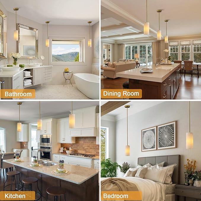 Alabaster Pendant Light Kitchen Island, H-9.5in Brass Pendant Light Fixtures with Natural Marble Shade, Adjustable Ceiling Pendant for Dining Room, Living Room, Bedroom & Bathroom