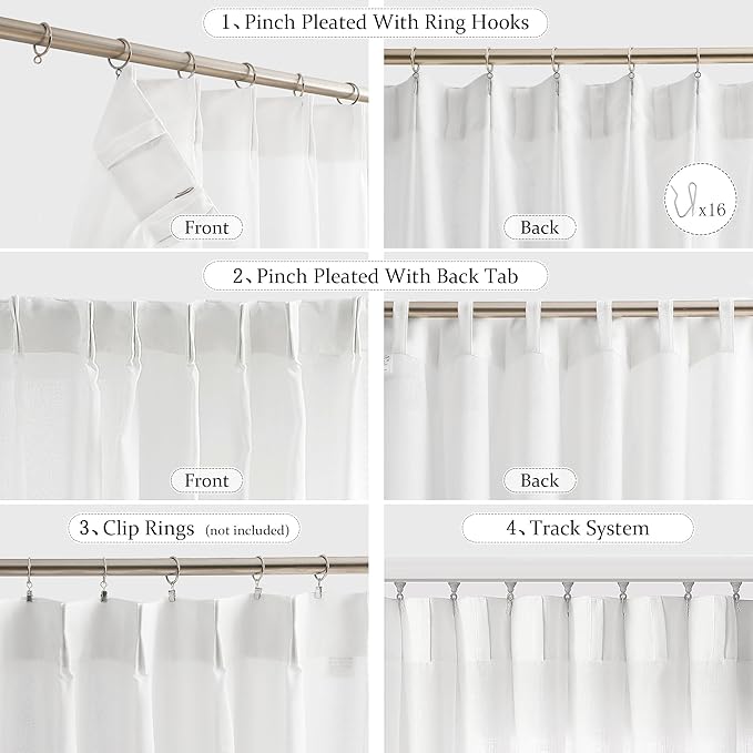 FMFUNCTEX Pinch Pleated Curtains 84 Inches Long for Living Room, White Semi Sheer Faux Linen Textured Pleat Drapes for Bedroom with Hooks, Light Filtering Neutral Farmhouse Window Drapes 2 Panels