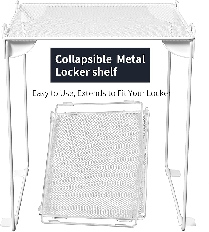 Neudeco Pack 2, Mesh Locker Shelf, Stackable Extra Tall Locker Organizer, Collapsible and Metal Mesh Build, Fits Standard Size, Suitable for School, Work, Kitchen, Bathroom (White)