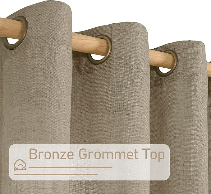 LAMIT Linen Curtains 63 Inch Length 2 Panels for Bedroom, Semi Sheer Drapes Light Filtering Neutral Window Treatments with Bronze Grommet for Living Room Rustic Country Decor, Taupe, 52 X 63 Inch