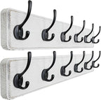 Dseap Wall Mounted Coat Rack: 24" Long, Patented, Heavy-Duty, 6-Double-Hooks Wooden Hanger Rail for Winter Coats, Hat, Jacket, Clothing - White & Black, Pack of 2