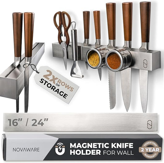 24" Magnetic Knife Holder for Wall with 2x Storage - Safe, Patented Storage Design - Stainless Steel Knife Magnetic Strip, Under Cabinet Knives Storage - Magnet Strip Rack Kitchen Utensil Organizer