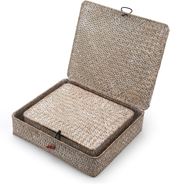 Whitewash Seagrass Basket with Lid Rectangular Decorative Storage Boxes for Shelf Organize Snack Toys Set of 2 (Large+Small)