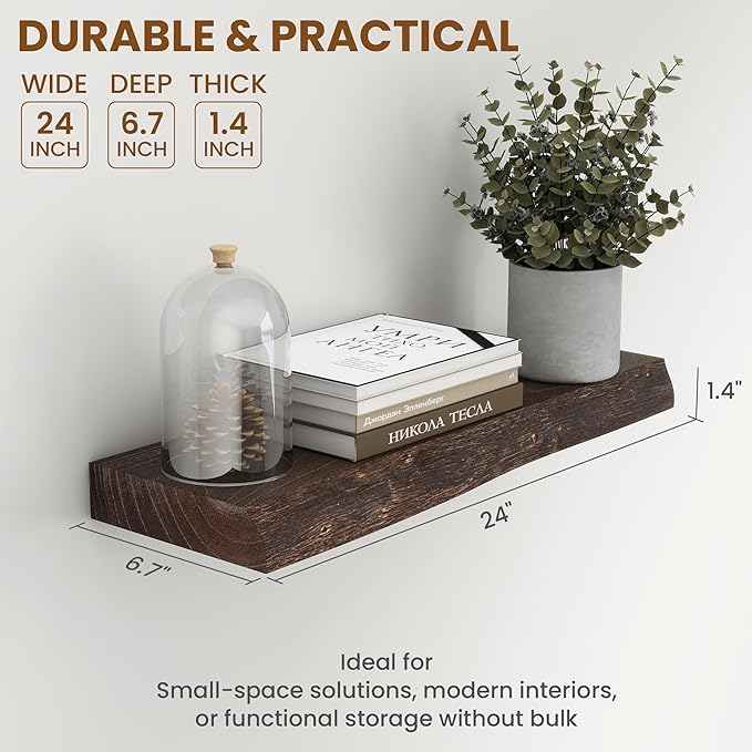 24" Floating Shelves, Live Edge Solid Elm Wood Floating Shelf, Wall Mounted Display Shelves with Heavy-Duty Bracket for Books, Rustic Wooden Shelf for Kitchen, Bathroom, Walnut Color, Set of 2
