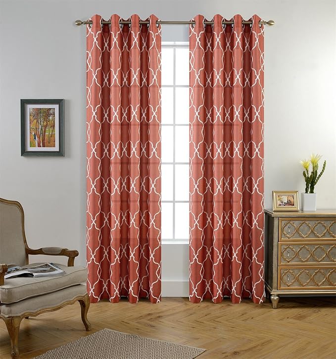 MIUCO Moroccan Embroidery Semi Sheer Curtains Faux Linen Grommet Curtain Panels for Kids Room 52 x 84 Inch 2 Panels, Rust