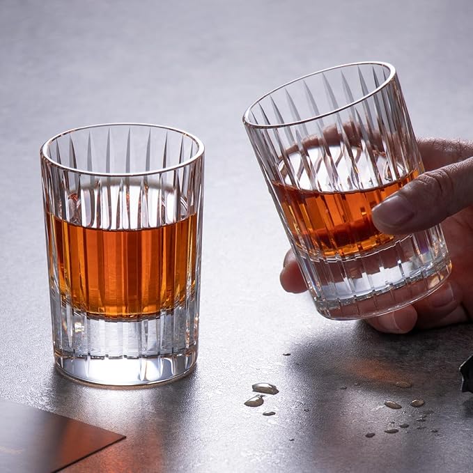 KAMMAK Crystal Whiskey Glasses Set of 2, Handcrafted 3.38oz Liquor Glasses, Luxury Old Fashioned Glasses Stemless, Hand Blown Scotch Cup for Women, Men Barware Gift for Cocktail, Bourbon