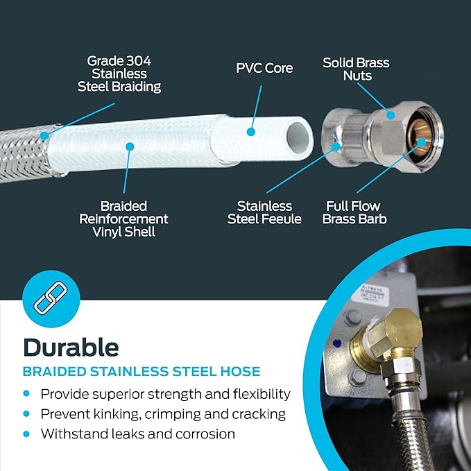 Eastman Dishwasher Installation Kit, 12 Foot Hose with Adapters, 3/8 Inch MIP x 3/4 Inch FHT Elbows, Braided Stainless Steel Connectors, 69008