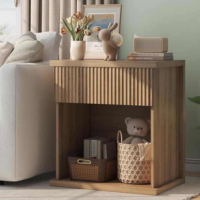 Fluted Nightstand, 22.8" Wide Nightstands with Drawer Storage Large Wood BedsideTable Night Stand for Bedroom Living Room Office, Natural Oak