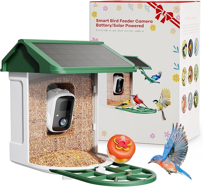 Bird Feeder with Camera-2K Live Video, Solar-Powered, Smart AI Identify Birds, 2L Food Capacity, Arrived Alerts, Bird Videos Storage, Mini Hummingbird Feeder for Watching Birds Outdoor