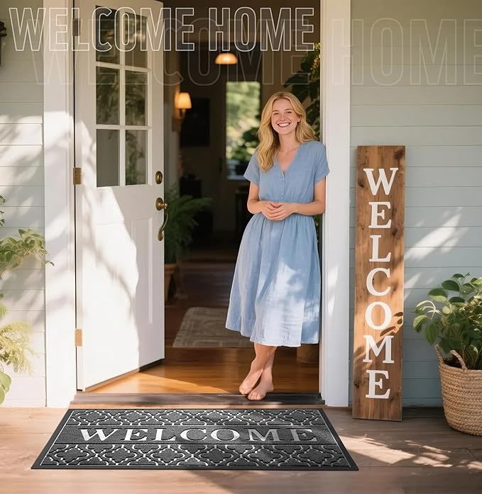 Yimobra Welcome Mat Outdoor Indoor, All-Season Waterproof Front Door Mat Outside Entrance, All-Weather Heavy Duty Non-Slip Doormat, Low Profile Porch Patio Entrance Mats, 47x24, Dark Grey