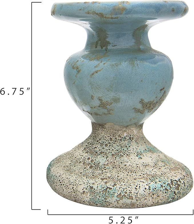 Creative Co-Op Large Distressed Blue Terracotta Pillar Candle Holder
