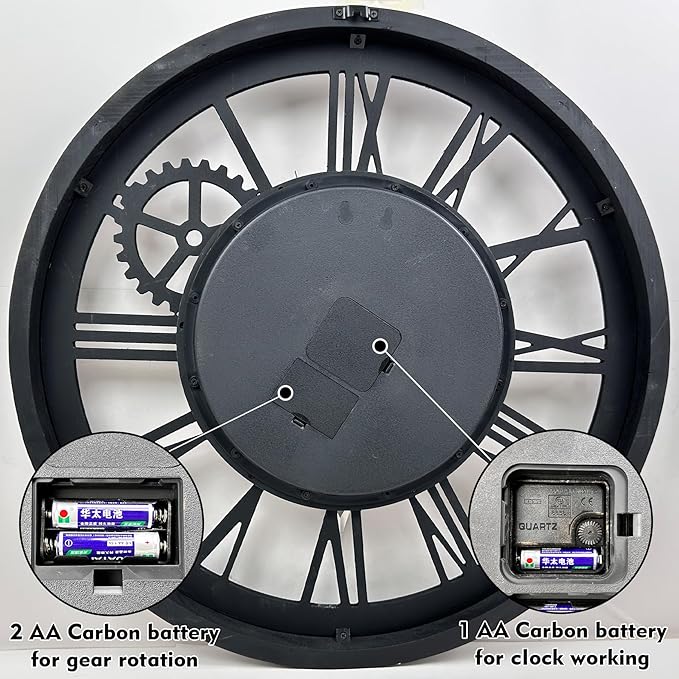 The B-Style Large Wall Clock 24 inch Moving Gear Wall Clock Oversized Vintage Farmhouse Wall Clocks for Living Room Decor Rustic Industrial Wood Clock (Black walunt Wood and Bronze)