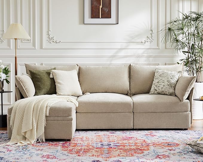 102.6" Modular Sectional Sofa, Oversized 3-Seater Couch with Removable Beige Chenille Fabric Cover, Deep Seat & High Backrest for Living Room, Office & Apartment