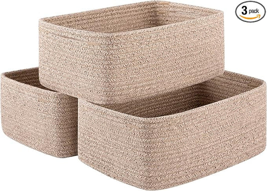 3 Pack Small Storage Baskets for Organizing, Cute Woven Decorative Gift Baskets for Shelves, Mini Closet Organizer Bins with Handles-13''Lx8.66''Wx5.11''H-Brown