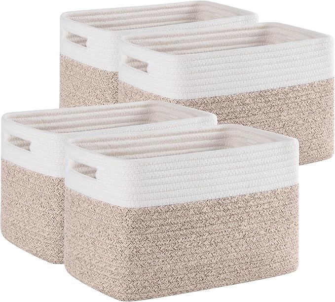 4 Pack Storage Baskets for Organizing, Woven Baskets for Shelves - Perfect for Toys, Books, Towels, and Clothes, Durable Gift Basket Bins Toy Storage, 12.7''Lx9''Wx7.8''H, Brown & White
