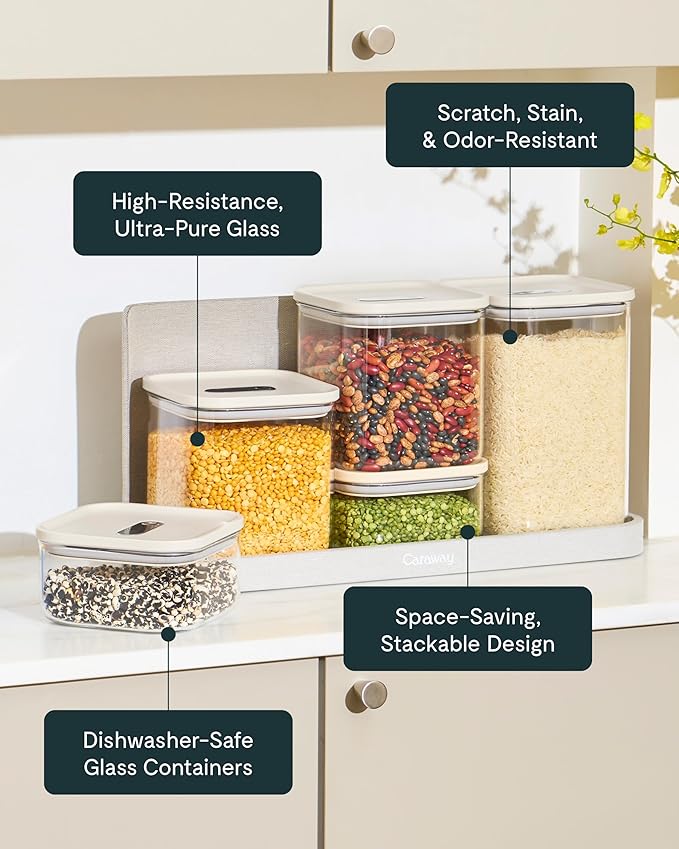 Caraway 14-Piece Glass Airtight Food Storage Containers with Lids – Non-Toxic, BPA-Free Kitchen Storage Containers – Stackable, Space-Saving Airtight Containers for Dry Goods and More - Cream