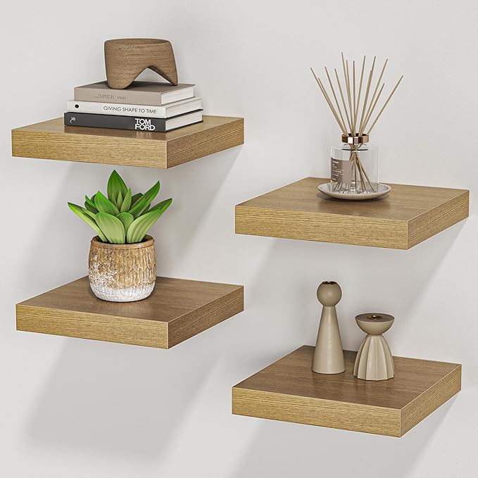 Square Floating Shelves for Wall, 8" W x 8" D x 1.2" H, Small Wooden Wall Mounted Display Shelves with Invisible Brackets for Living Room, Bedroom, Bathroom, Kitchen Decor, Set of 4, Oak