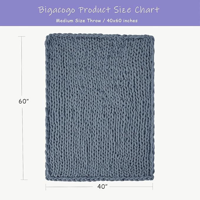 Bigacogo Chunky Knit Throw Blanket for Couch, 40x60 inches, 100% Hand Knitted with Thick Jumbo Chenille Yarn, Cozy Soft Large Rope Knot Cable Crochet Blankets for Sofa Bed Living Room, Cold Sea Blue