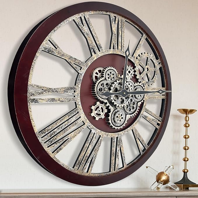 The B-Style Large Real Moving Gears Wall Clock 30 inch Rustic Retro Industrial Farmhouse Wood Clock Oversized Decorative Vintage Wall Clocks for Living Room (Cherry red and Bronze