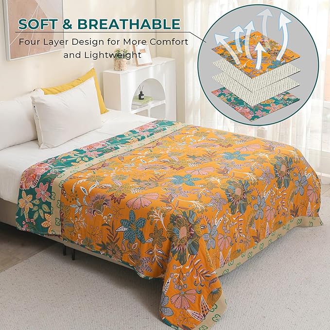 Boho Throw Blankets Reversible Luxurious Cotton Bed Throws with Vintage Bohemian Design & Yellow/Green Lightwight Floral Decor Blanket, Perfect as Bed Sofa Quilt 60" x 80"