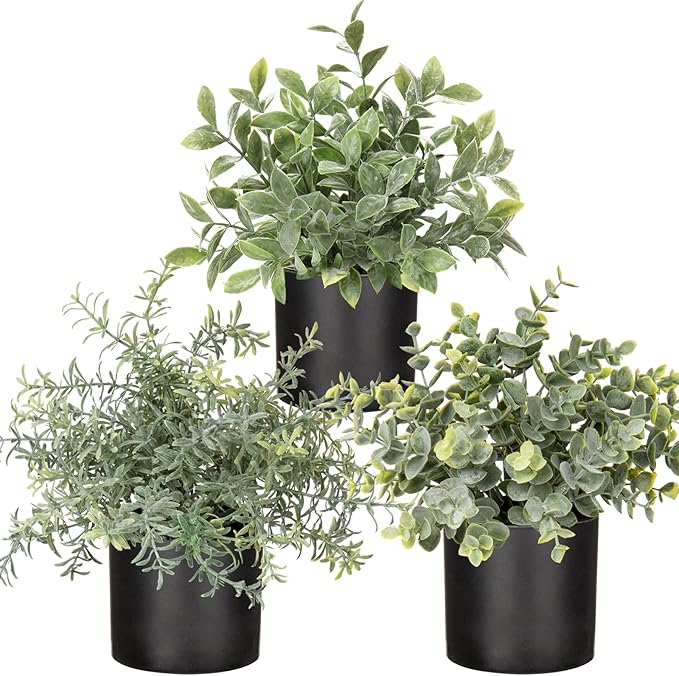 3 Pack Small Fake Plants for Shelf Decor Accents with Plastic Black Pot Artificial Potted Plants for Rustic Farmhouse Decor Faux Plants Indoor Fake Potted Plants Artificial for Home Office Decor