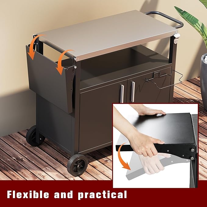 Vongrasig Grill Cart with Storage, Outdoor Bar Cart Rolling BBQ Cart Movable Pizza Oven Table Stand with Foldable Stainless Steel Top & Storage Cabinet, Black