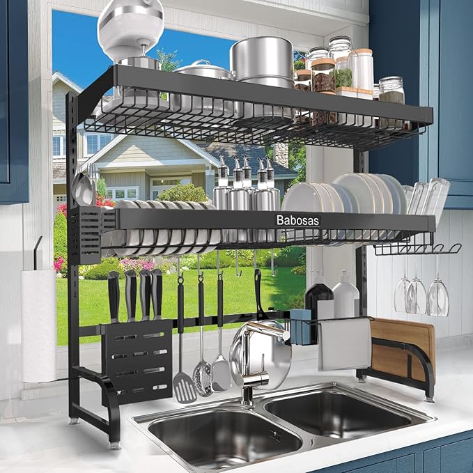 Over The Sink Dish Drying Rack,3 Tier Adjustable Length (25.5'' to 37.4'') Full Stainless Steel Large Storage Kitchen Dish Rack,for Kitchen Counter Expandable Multifunctional Organizers,Black