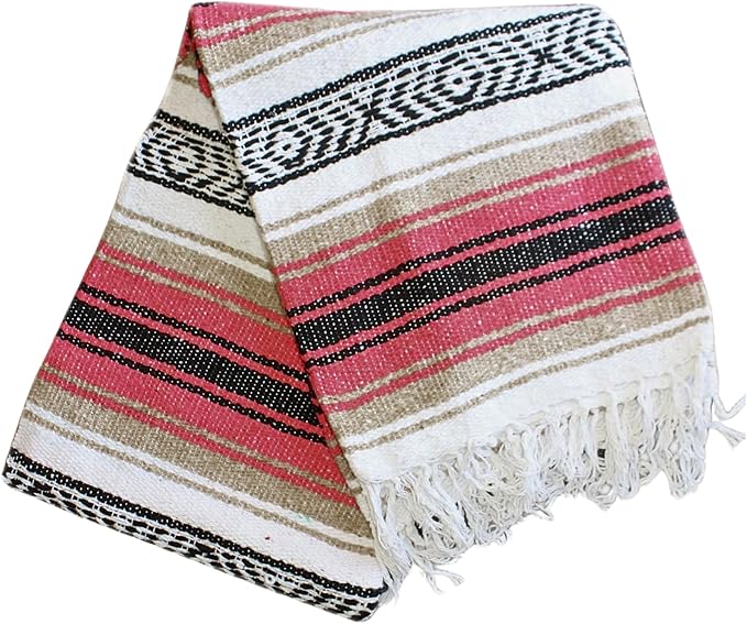Del Mex Classic Mexican Blanket, Large Authentic Woven Falsa Throw (70"x50"), Artisan Southwest Décor for Beach, Yoga, Outdoors (Pink/Tan)