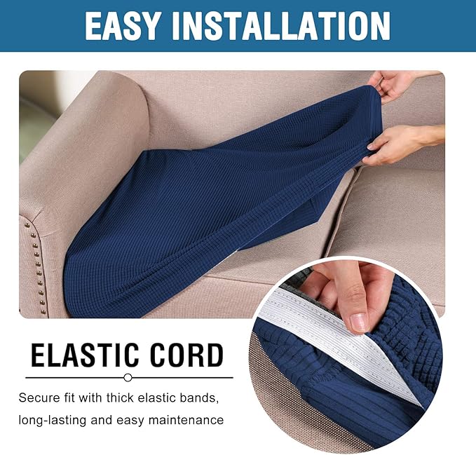 H.VERSAILTEX Super Stretch Individual Seat Sofa Covers Slipcover Sets Thick Jacquard Textured Twill Fabric (2 Piece Medium Sofa Cushion Covers, Navy)