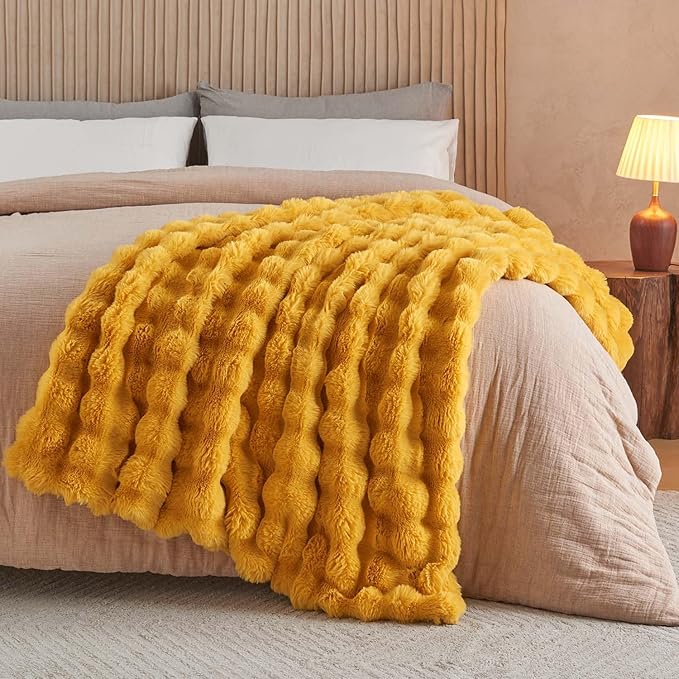 Lotus Karen Faux Fur Throw Blanket Ginger Yellow - Big Bubble Rabbit Fluff Blanket for Couch Bed Sofa,Softest Fluffy Fuzzy Cozy Blanket,Thick Furry Plush Shaggy Warm Blankets for Women,108x90 Inches