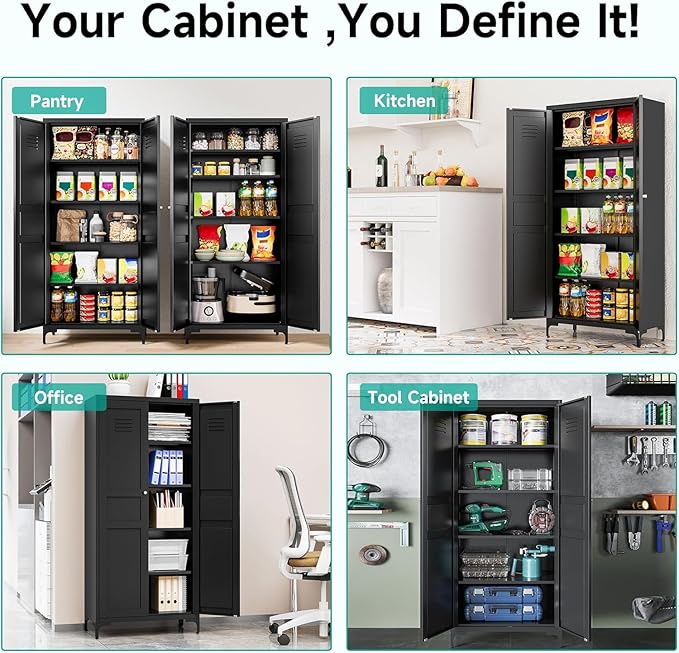 Metal Storage Cabinet with Doors and Shelves,Black Storage Cabinet with Leg,Metal Pantry Cabinets,Ventilated Pantry Closet,Tall Large Cupboard for Home,Kitchen,Dining/Living/Laundry Room