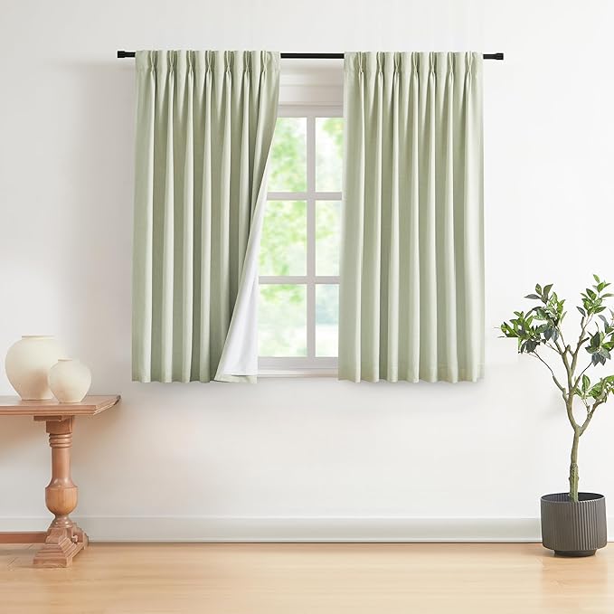 Vision Home Soft Green Pinch Pleated Full Blackout Curtains Linen Blended Room Darkening Curtain Panels 63 inch for Living Room Bedroom Thermal Insulated Pinch Pleat Drapes with Hooks 40" Wx63 Lx2