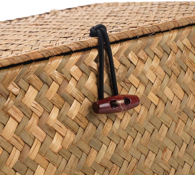 Wicker Basket with Lid, Seagrass Storage Basket, Woven Baskets for Storage, Decorative Storage Baskets for Shelf Organizing, Natural