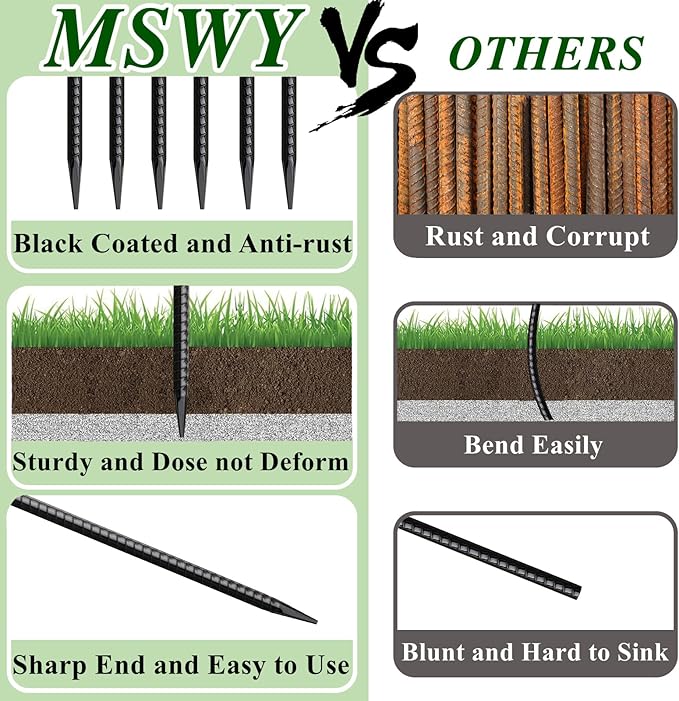 Rebar Stakes 16 Inch 20 Pack Heavy Duty Ground Anchors with Chisel Point End Long Straight Steel Tent Stakes 3/8" Thickness Metal Spikes Black Coated for Concrete Timber Camping Garden Plant
