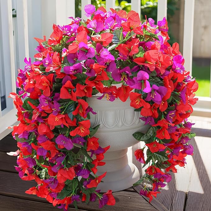 Faux Bougainvillea Artificial Flowers Plants for Outdoors Outside Decoration, 2pcs Fake Flowers Silk Long Trailing Vines UV Resistant Realistic for Front Door Porch Planter Urn Patio Balcony Yard, Mix