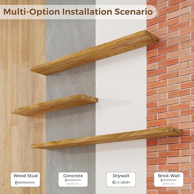 Axeman 55 inch Floating Shelves for Wall - 8'' D Live Edge Rustic Solid Elm Wood Floating Shelves Wall Mounted, Hanging Shelves with Invisible Bracket for Living Room Bedroom Kitchen, Natural