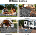 OLANLY Outdoor Rug 6x9 ft Waterproof, Outdoor Plastic Straw Rug with Geometric Pattern Clearance, Reversible RV Mat for Patio, Camping, Balcony, Deck, Backyard, Black & White