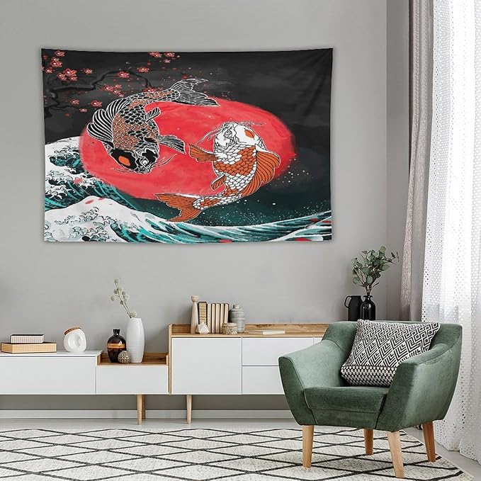 Houselerax Koi Fish Tapestries,Japanese Style Yin Yang Big Wave Cherry Blossoms Tapestry Wall Hanging for Bedroom Living Room Office Decor 60"x40"