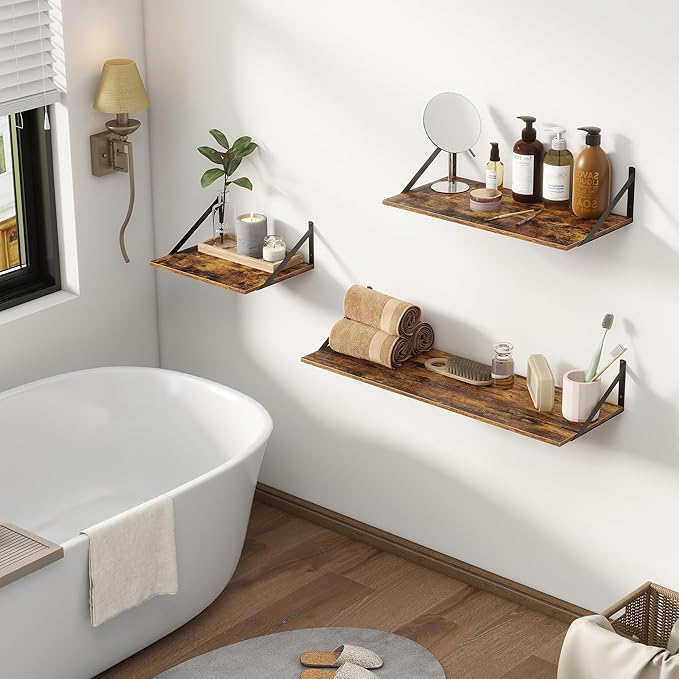 Deep Floating Shelves for Wall, 12 Inch Deep Floating Shelves Set of 2, 16"W x 12"D Wall Shelf, Wide Display Ledges Shelves for Bedroom, Bathroom, 12 Deep Bookshelf Wall Mounted - Rustic Brown