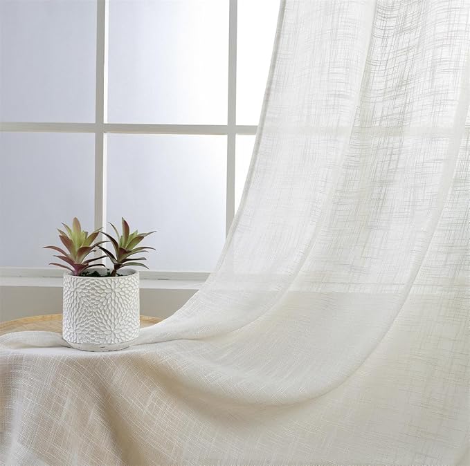 MIUCO Semi Sheer Curtains Poly Linen Textured Solid Grommet Curtains 84 Inches Long for Bedroom 2 Panels (2 x 37 Wide x 84" Long) Beige