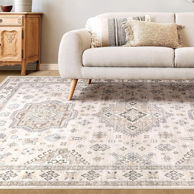 Washable Area Rugs for Living Room -10x13 Neutral Vintage Distressed Floral Farmhouse Boho Large Soft Floor Rug Indoor Non Slip Carpet for Living Room Bedroom Dining Room Office-Beige Brown