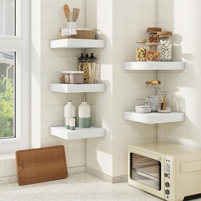 fuqing Floating Shelves for Wall, Bathroom Shelf Wall Mounted for Storage, Shelves with Invisible Bracket for Bedroom, Kitchen, Living Room, Farmhouse Small Book Shelf, 6.5 Inch Set of 3, White