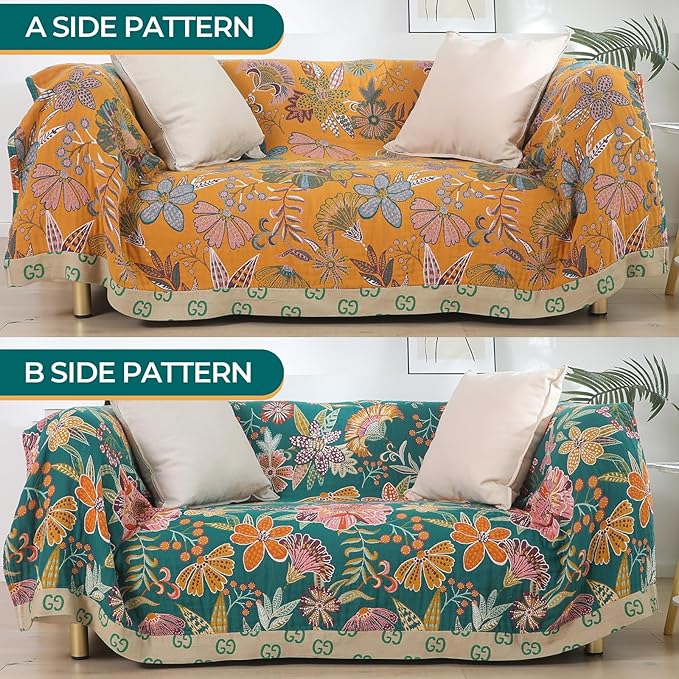 Fall Throw Blankets Reversible Luxurious Cotton Bed Throws with Vintage Bohemian Design & Yellow/Green Lightwight Floral Decor Blanket, Perfect as Bed Sofa Quilt 90" x 98"