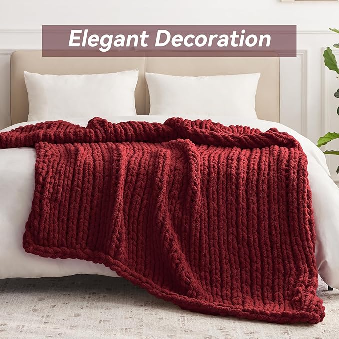 Chunky Knit Throw Blanket, 40''*50'' Knitted Throw Chenille Yarn for Bed Couch, Handmade Red Crochet Big Thick Blanket, Machine Washable Cute Comfy Blanket for Home Decor