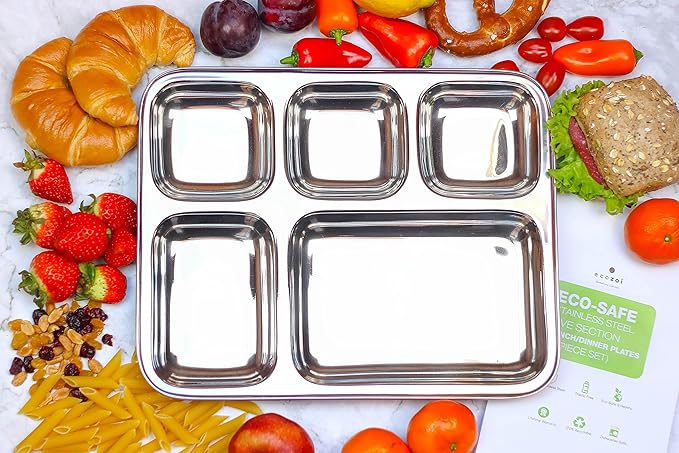 Extra Large Premium Stainless Steel Dinner Plates, 5 Compartments, Set of 2 | Eco Friendly Dinnerwear for Camping, Portion Control, Meal Prep, Lunch, and Party
