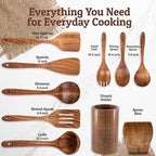 PriorityChef Premium Wooden Spoons for Cooking - 8pc with Utensil Holder, Spoon Rest and Hanging Hooks, Smooth Finish Teak Wooden Utensil Set, Heat-Resistant & Nonstick Safe, Ideal for Gifting