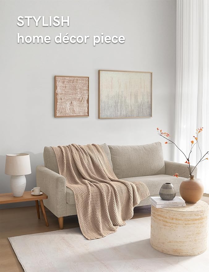 YnM Chunky Cotton Knit Throw Blanket, Cable Knit Throws for Bed Couch Sofa, Comfy & Relaxing, Decorative Piece for Farmhouse Modern Boho Rustic Scandinavian Chic Vibe, Beige 80x87 Inches