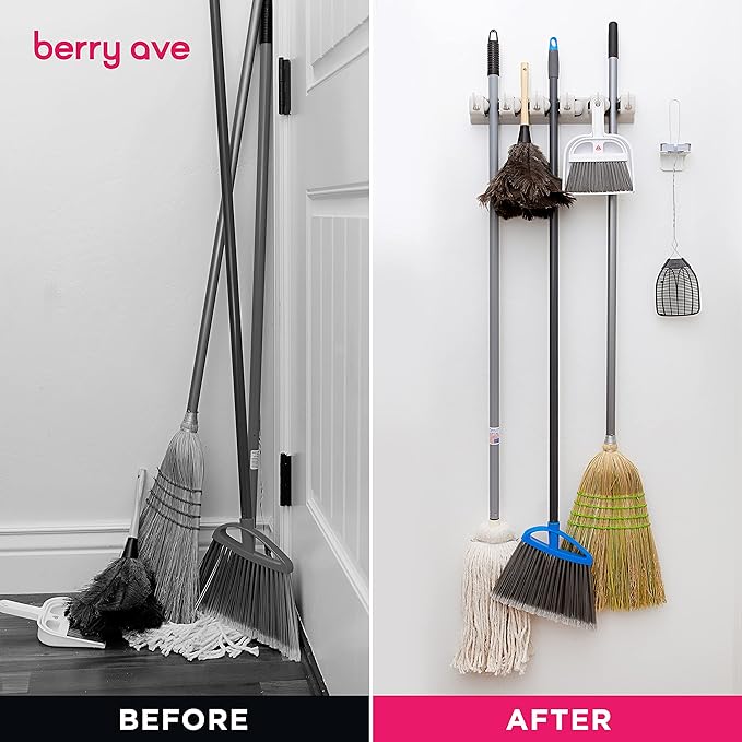 Broom Holder Wall Mount and Garden Tool Organizer, Closet Storage, Kitchen Rack, Home Organization and Garage Organizer for Rake or Mop Handles Up to 1.25-Inches, Hanger Plus 6 Hooks (BEIGE, 1 PACK)