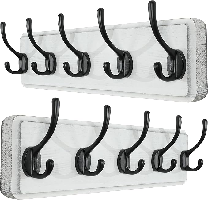 SKOLOO Rustic Wall Mounted Coat Rack, 16 inches Hole to Hole, Case of 2, Pine Solid Wood Coat Hook Hanger - 5 Hooks for Hanging Clothes Robes Towels Coats